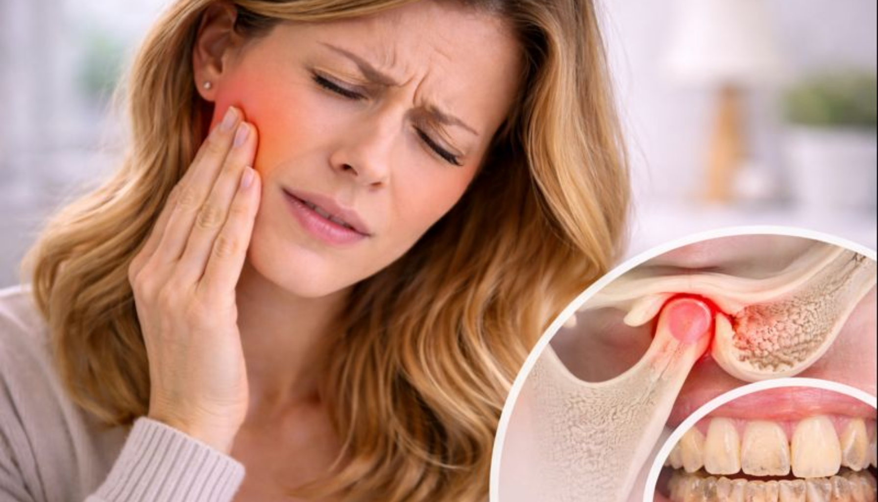 Kvinne holder kjeven med smerter, som viser sammenheng mellom kjeveleddplager, hodepine og tannslitasje.