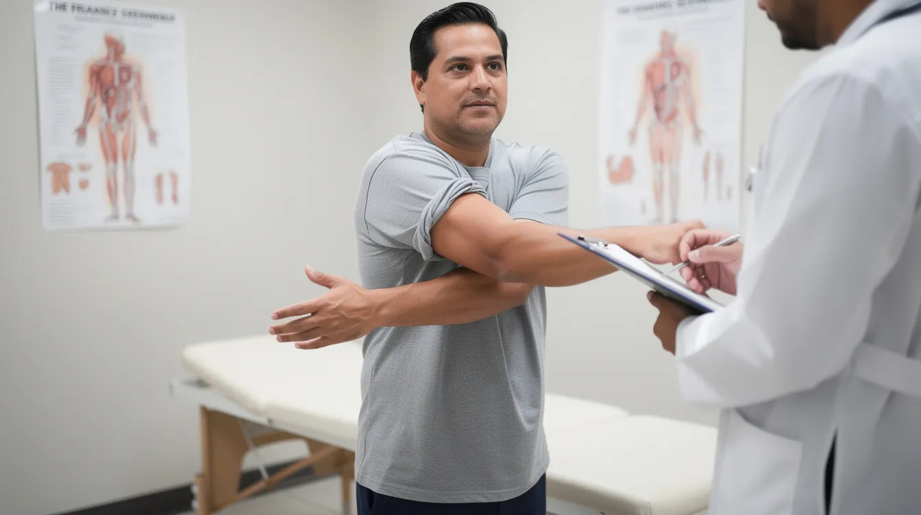 Una persona está de pie con los brazos extendidos en una consulta médica, mostrando la parte superior del brazo para su evaluación. El médico está observando la piel y el contorno, considerando posibles procedimientos como la cirugía de brazos flácidos o braquioplastia.
