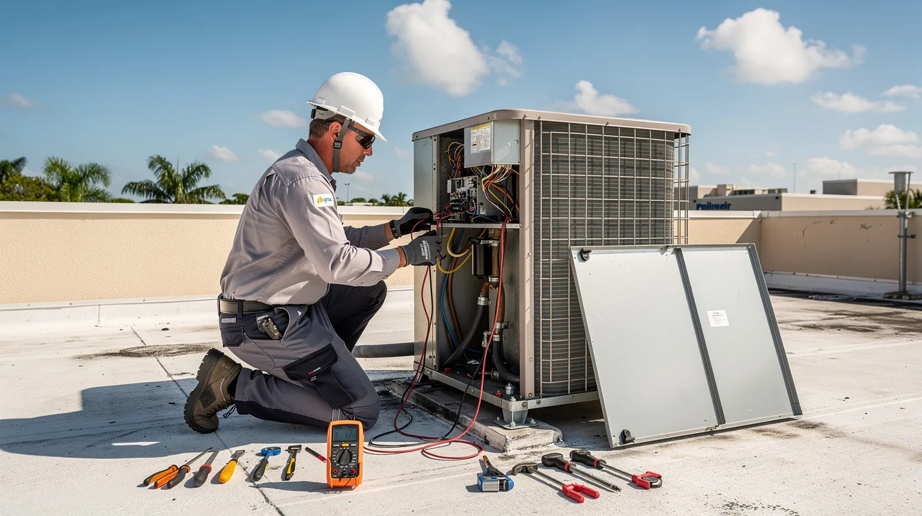 An HVAC technician is working diligently on a rooftop air conditioning unit under the bright Florida sun, showcasing the essential HVAC services provided by local contractors. The scene emphasizes the importance of professional maintenance in the HVAC industry, ensuring optimal performance for homeowners.