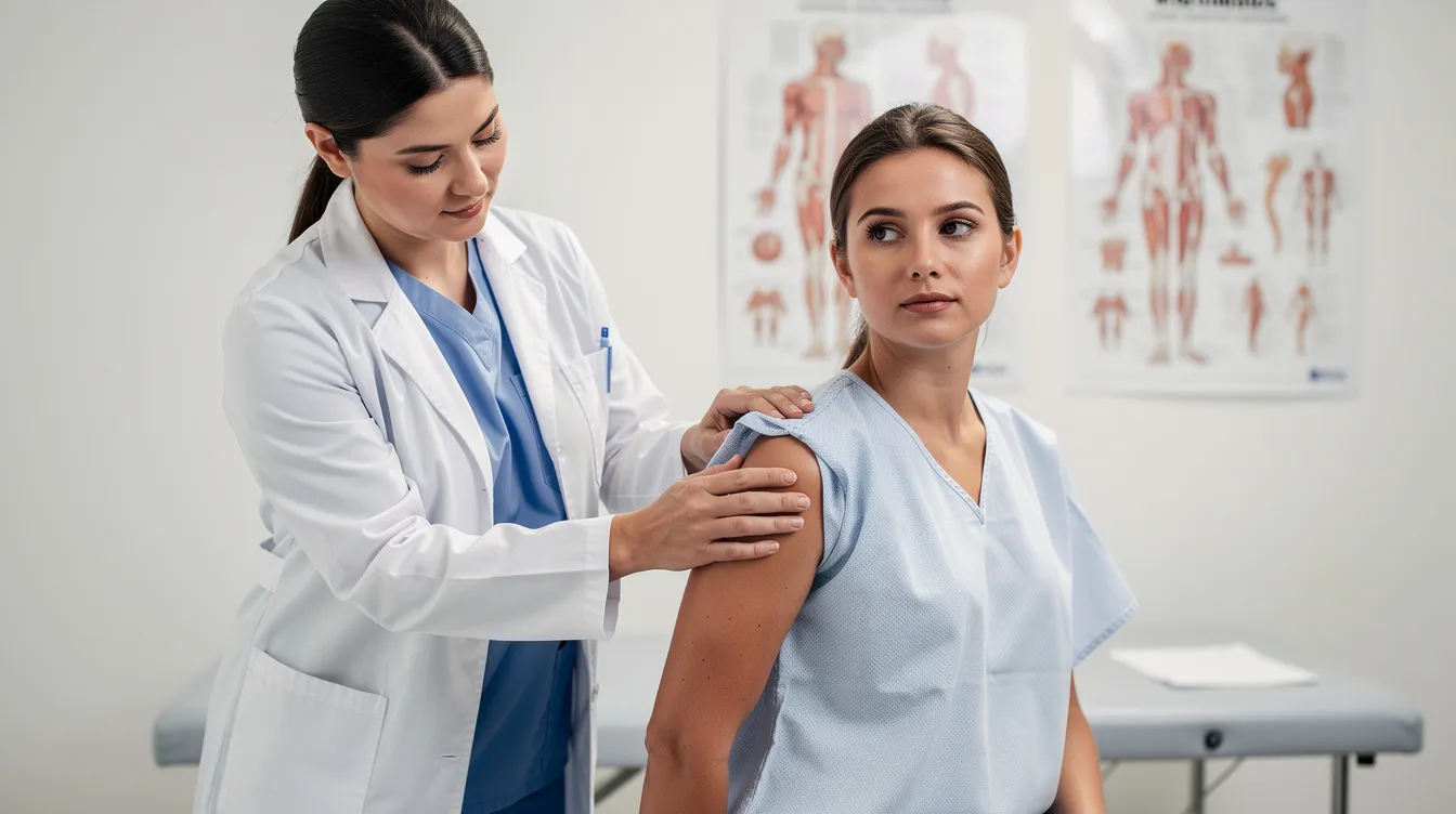 The image shows a medical professional carefully examining a patient's shoulder in a clinical setting, likely assessing for injuries related to a workplace accident. This examination is crucial for injured workers seeking workers compensation benefits and ensuring their recovery through appropriate medical care.