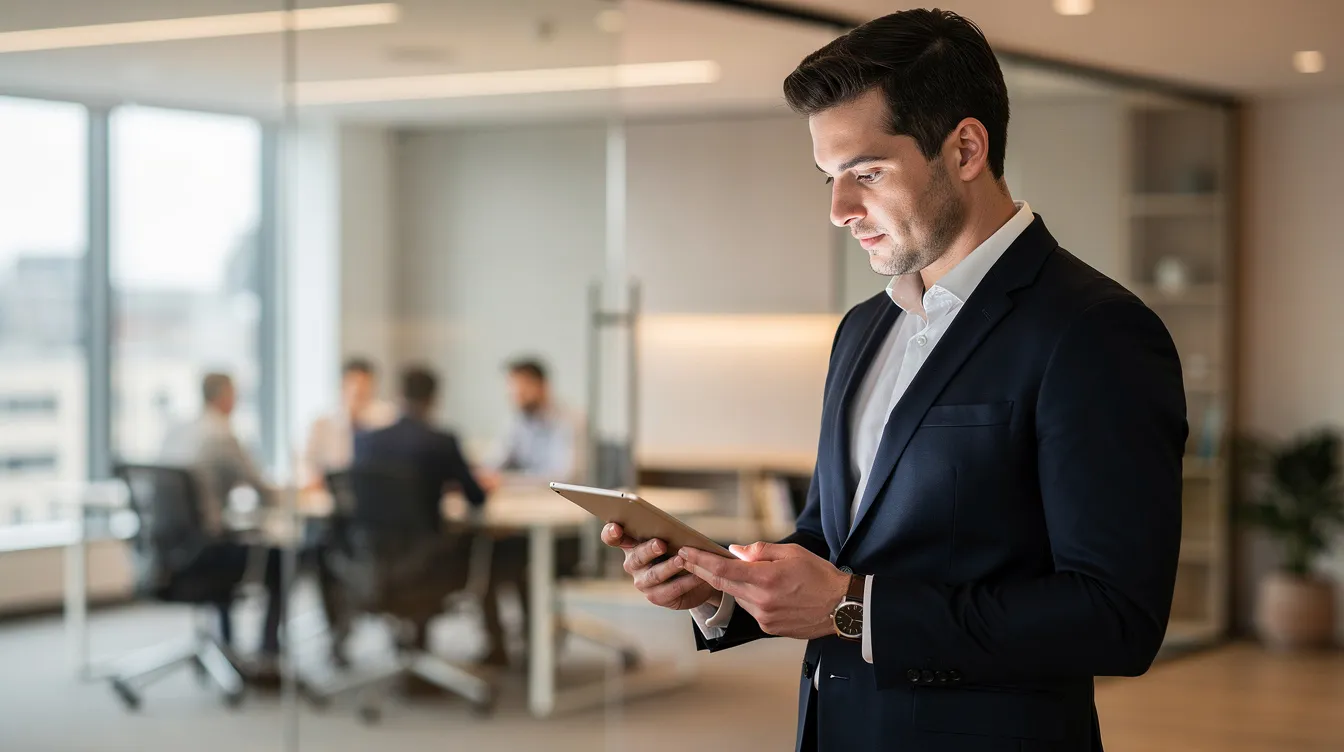 A business professional is focused on using a tablet device in a modern workplace, surrounded by sleek furniture and bright lighting, showcasing the integration of human capital management software in enhancing productivity and streamlining HR processes. The environment reflects a contemporary approach to workforce management, emphasizing the importance of technology in the entire employee lifecycle.