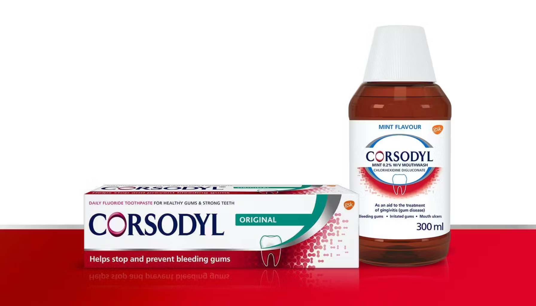 Corsodyl-produkter på rød flate.