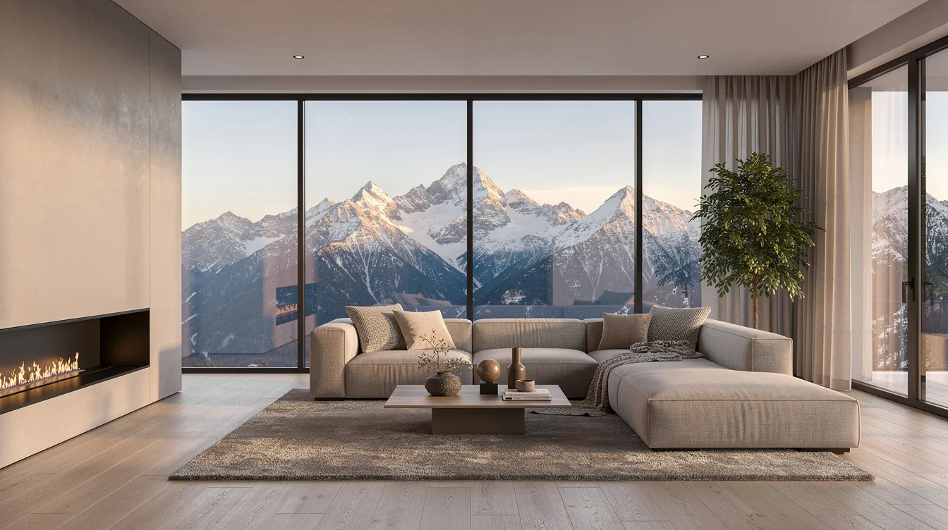 The image depicts a beautifully staged modern living room featuring large windows that showcase breathtaking mountain views, creating a serene atmosphere. This inviting space highlights the importance of home staging, as it can significantly enhance the appeal of a property to potential buyers.