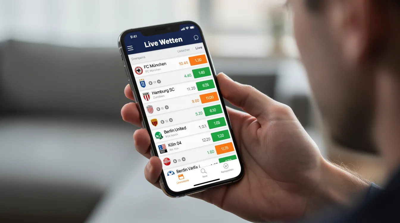Eine Person hält ein Smartphone in der Hand und betrachtet eine Sportwetten-App, die Live-Spielstände anzeigt. Die App ermöglicht es Sportwetten-Fans, schnell auf aktuelle Wettoptionen und Quoten zuzugreifen.