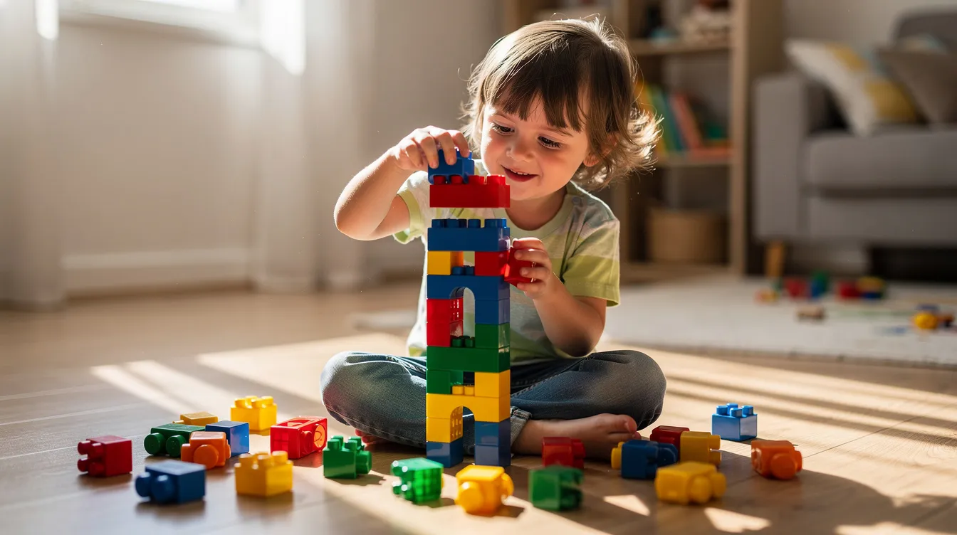 A child is joyfully engaged in building a creative structure with colorful blocks, showcasing focus and enthusiasm in their learning process. This hands-on activity not only fosters critical thinking but also highlights the importance of understanding each child's learning style in overcoming academic struggles.