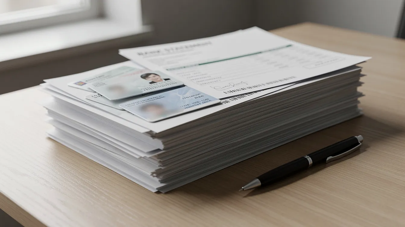 A neatly organized stack of documents is displayed on a desk, featuring identity cards and bank statements, which may include important financial information relevant for online loan applications and credit assessments. This setup highlights the necessary paperwork for managing personal finances and applying for loans, emphasizing the importance of maintaining a good credit score and understanding repayment terms.