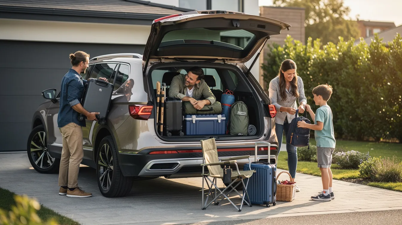 A family is loading suitcases and camping equipment into the spacious boot of a SEAT Tarraco, a modern sport utility vehicle designed for road trips and weekend getaways. The vehicle's roomy interior and practical features make it well-suited for larger families, offering extra space and advanced safety features for long-distance travel.