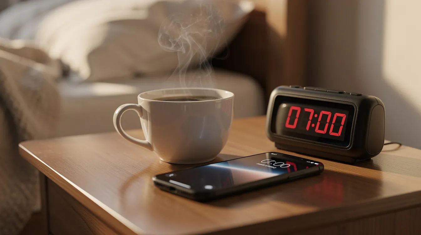 A cozy bedside scene features a cup of coffee and a smartphone resting on a wooden table beside an alarm clock. This setup may contribute to sleep quality, as caffeine can affect the body&rsquo;s ability to fall asleep, potentially leading to experiences of hypnic jerks or sudden muscle contractions during sleep onset.