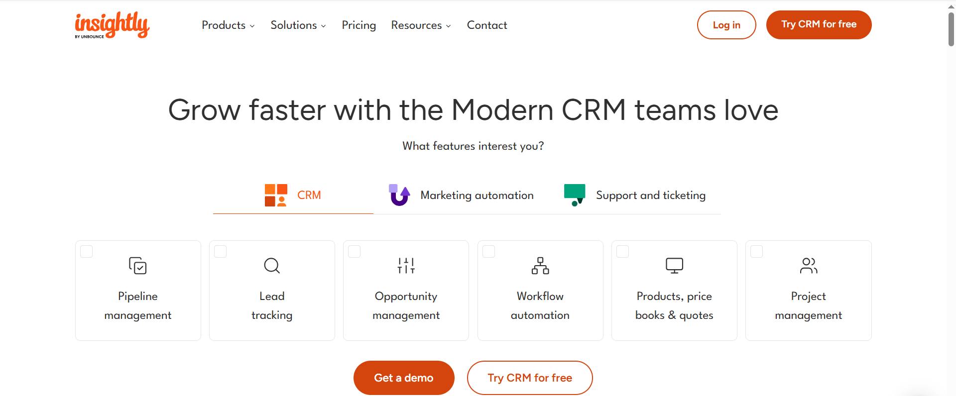 Insightly CRM platform homepage