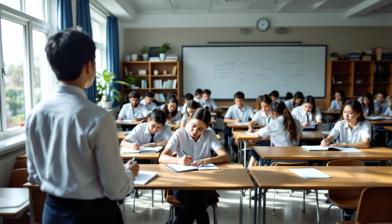 In einem Klassenzimmer sitzen mehrere Schüler an ihren Tischen und konzentrieren sich auf ihre Prüfungen. Einige von ihnen machen Notizen, während andere Fragen zu den Prüfungsaufgaben besprechen und sich auf die bevorstehenden Klausuren vorbereiten.