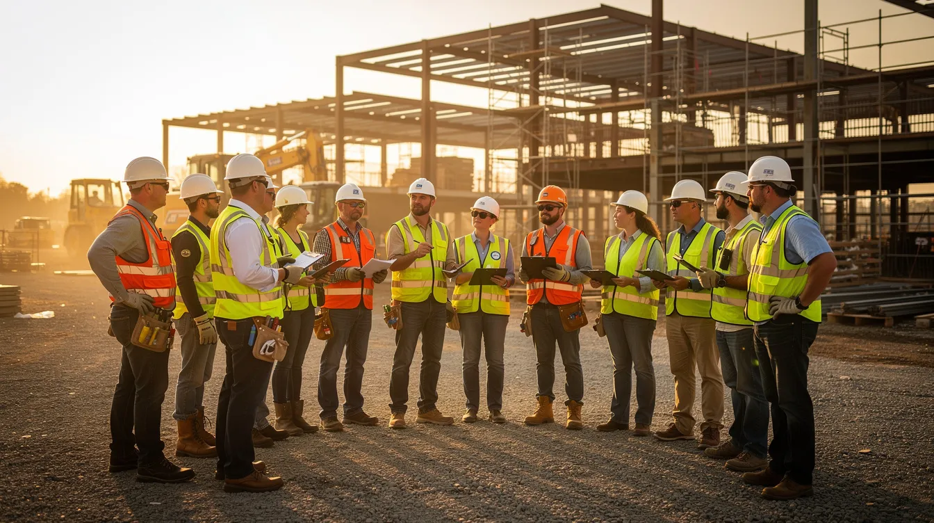 A group of construction workers in hard hats stands in a morning huddle on a job site, discussing safety management and operational procedures. They hold clipboards, emphasizing the importance of safety training and compliance with OSHA regulations to ensure a safe working environment.