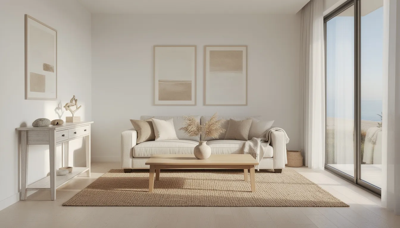 The image depicts a beautifully staged living room in a coastal home, featuring neutral decor and abundant natural light that enhances the inviting atmosphere. This serene space could appeal to prospective property consumers and real estate agents looking to showcase a desirable Connecticut home.