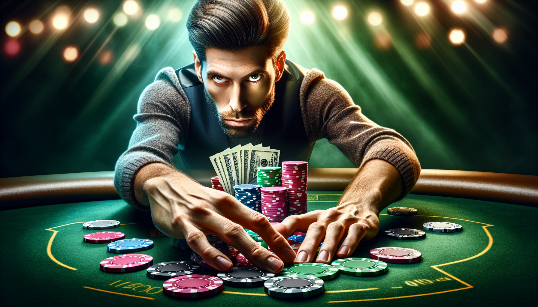 Illustration of a person managing casino chips and money