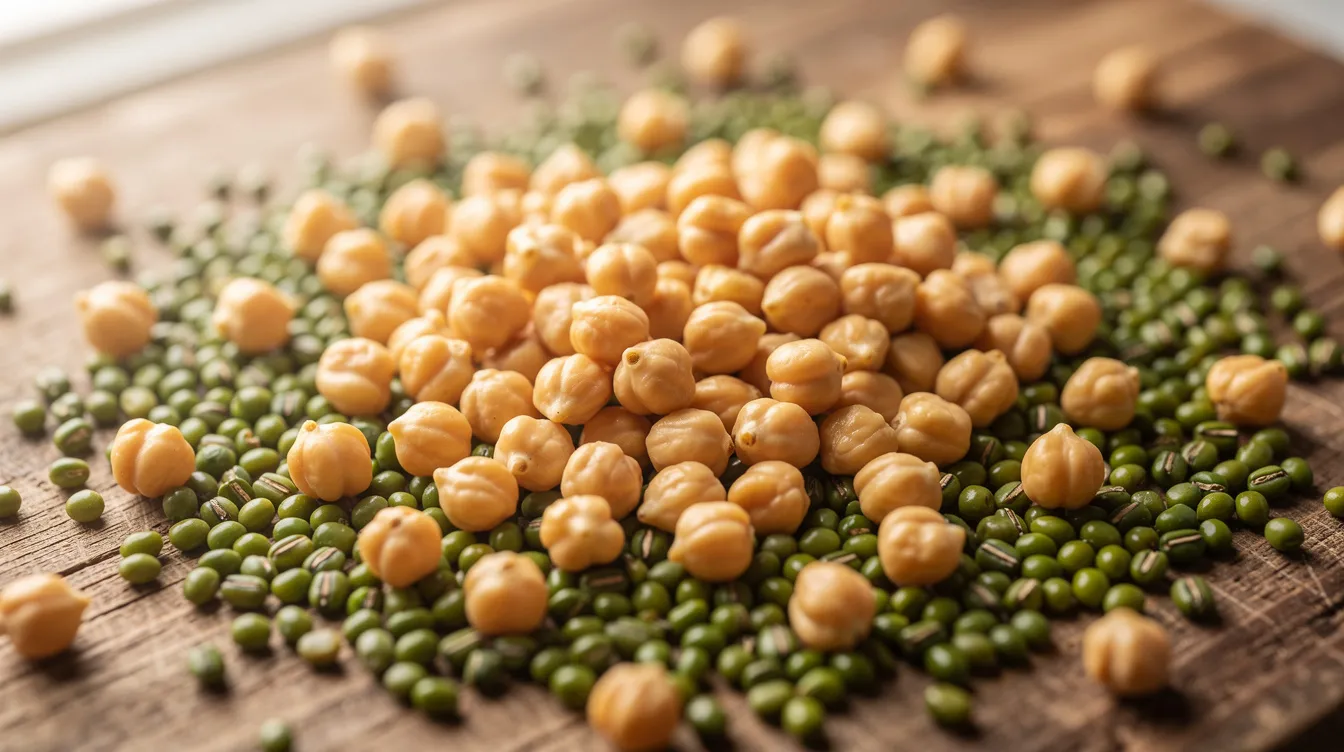 74e340b8 e763 4802 aaad e560bbac7cde A close-up view showcases golden chickpeas and green mung beans artfully arranged on a wooden surface, illuminated by natural light. These legumes, part of the family Fabaceae, are rich in essential amino acids and serve as vital plant proteins in food and agriculture, highlighting their significance in plant-based food manufacturing and nutrition.