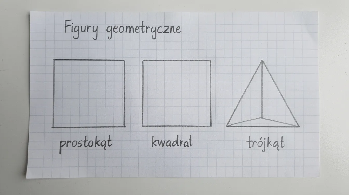 Na obrazku widoczne są figury geometryczne narysowane na papierze kratkowanym, w tym prostokąt, kwadrat i trójkąt. Obrazek może być użyty jako materiał do nauki matematyki w klasie 4, przydatny do ćwiczeń z zakresu figur geometrycznych.