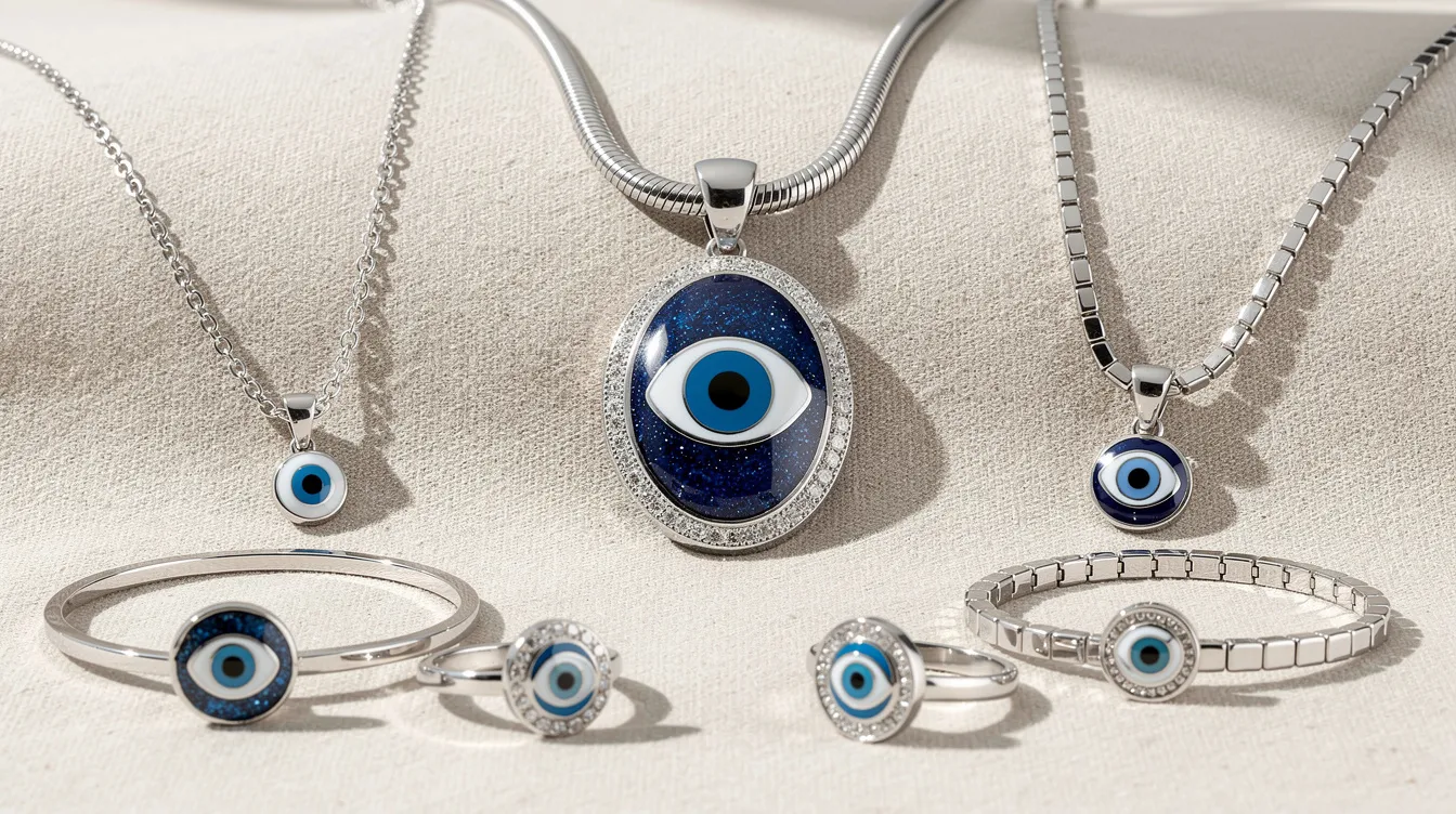 The image showcases a collection of evil eye necklaces in various styles, featuring both minimalist pendants and bold statement pieces. The necklaces are crafted in polished silver and rose gold, with chains ranging from delicate links to more substantial designs, all designed to offer protection and style.