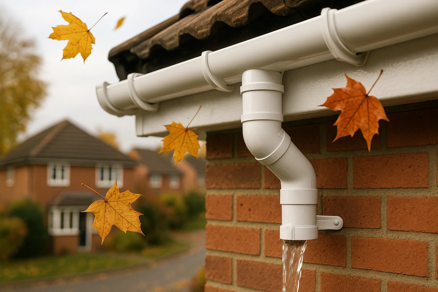 A clear, well-maintained gutter on a UK home with autumn leaves nearby.
