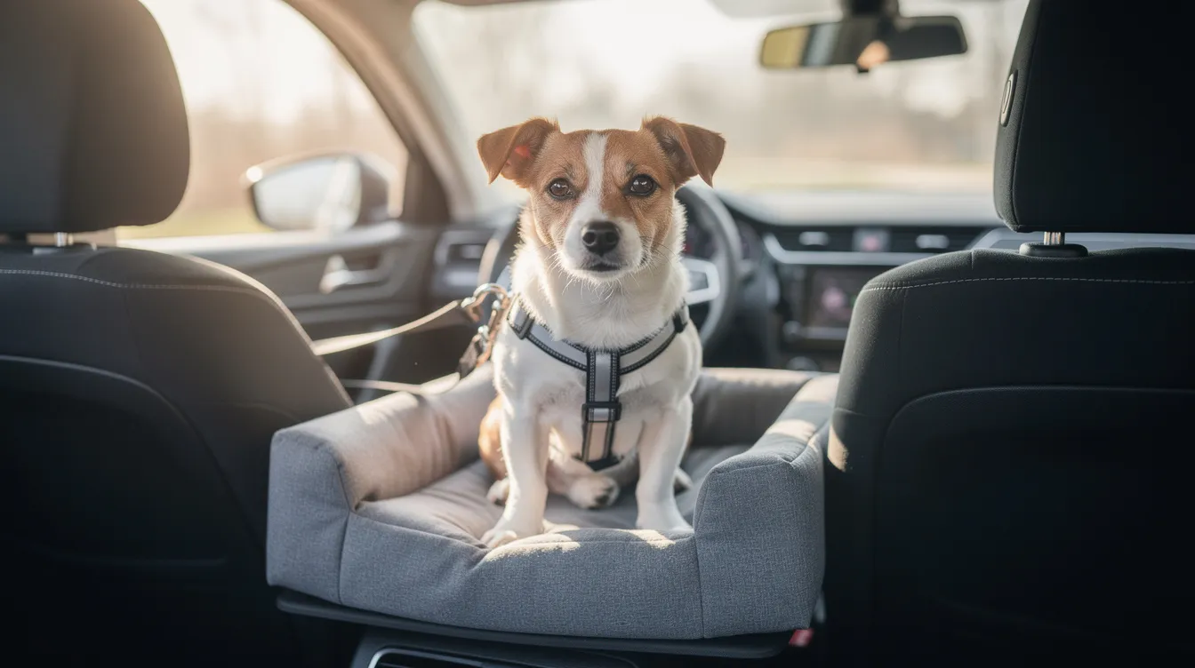 A small dog is sitting calmly in a rear car booster seat, secured with a harness, ready for a safe journey. The seat provides comfort and safety for the dog while traveling in the car.