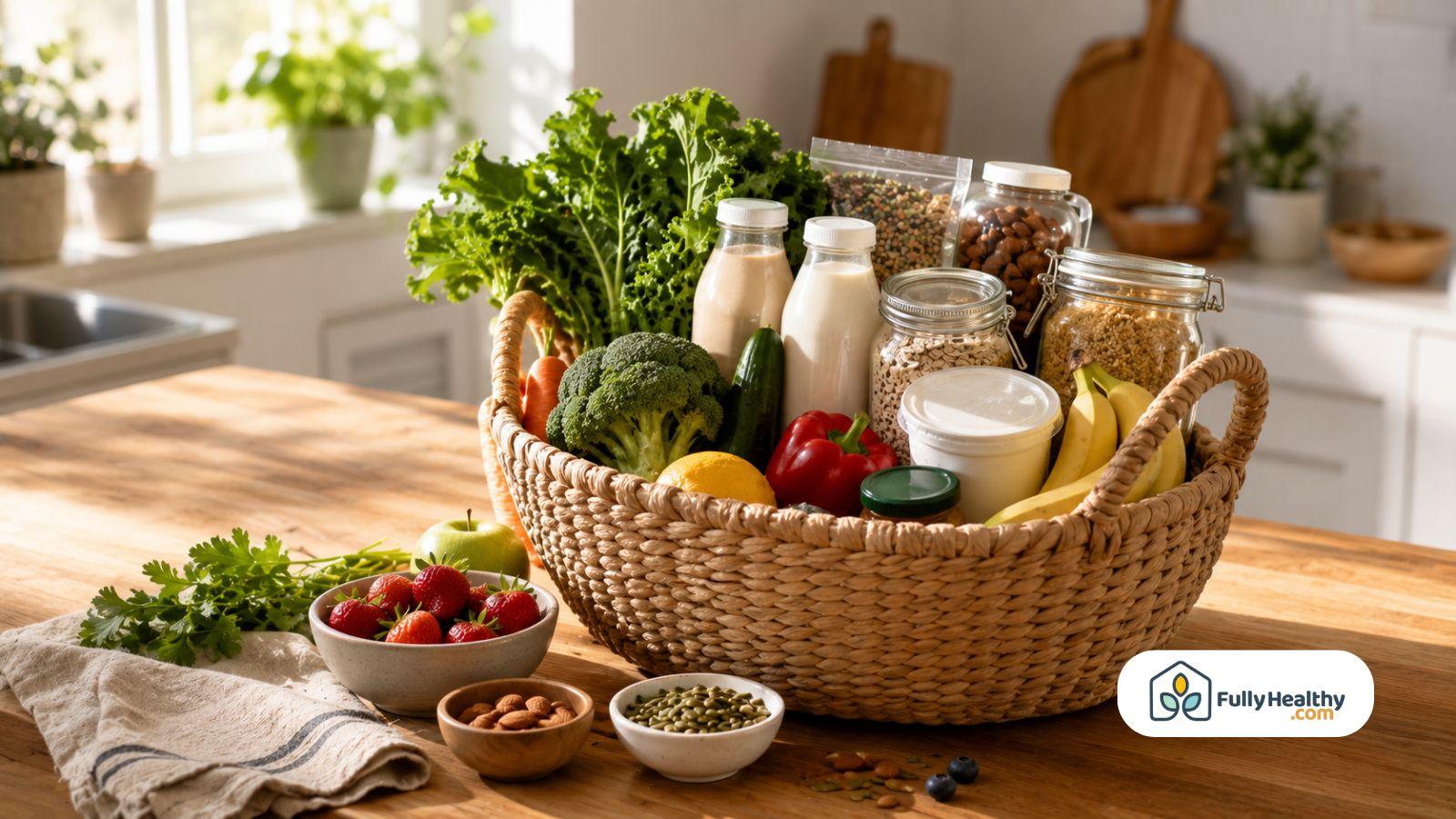 Basket filled with plant based groceries including vegetables fruits oats and nuts
