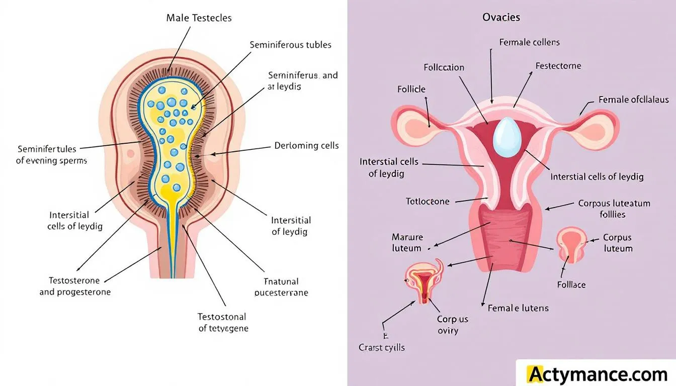 Anatomisk illustrasjon viser testosteronproduksjonen i testiklene og eggstokkene, med fokus på hvordan hormonet påvirker mengden av fritt testosteron i kroppen. Bildet inkluderer elementer relatert til lavt testosteronnivå og dets symptomer, inkludert redusert libido og muskelmasse.