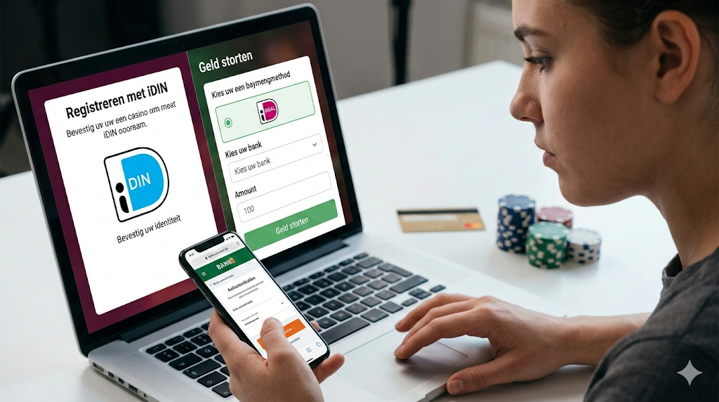 Nederlandse speler maakt een online casino account aan met iDIN verificatie en doet daarna een iDEAL storting via een Nederlandse bankrekening, voorbeeld van veilige registratie en betaling bij een legaal Nederlands online casino met iDEAL betaalmethode.