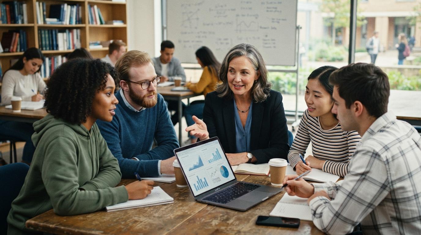 Professional photo of a university professor engaging a small group of students in a thoughtful academic discussion around a laptop, encouraging reasoning and conceptual understanding, realistic higher education classroom.