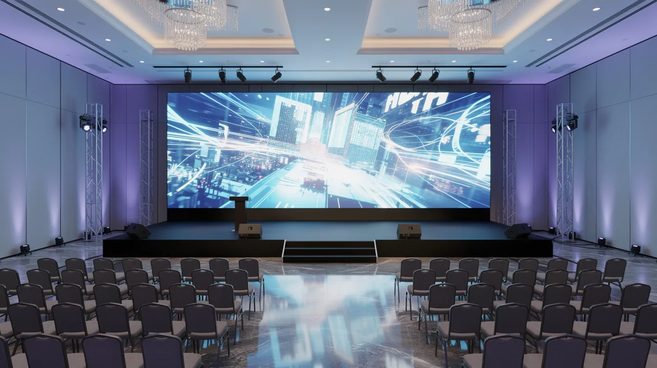 The image features a large LED video wall brightly illuminating a corporate ballroom stage, surrounded by rows of event seating and enhanced with ambient lighting, creating an inviting atmosphere for corporate events. This setup exemplifies the use of high-quality digital signage to deliver memorable experiences at live events.