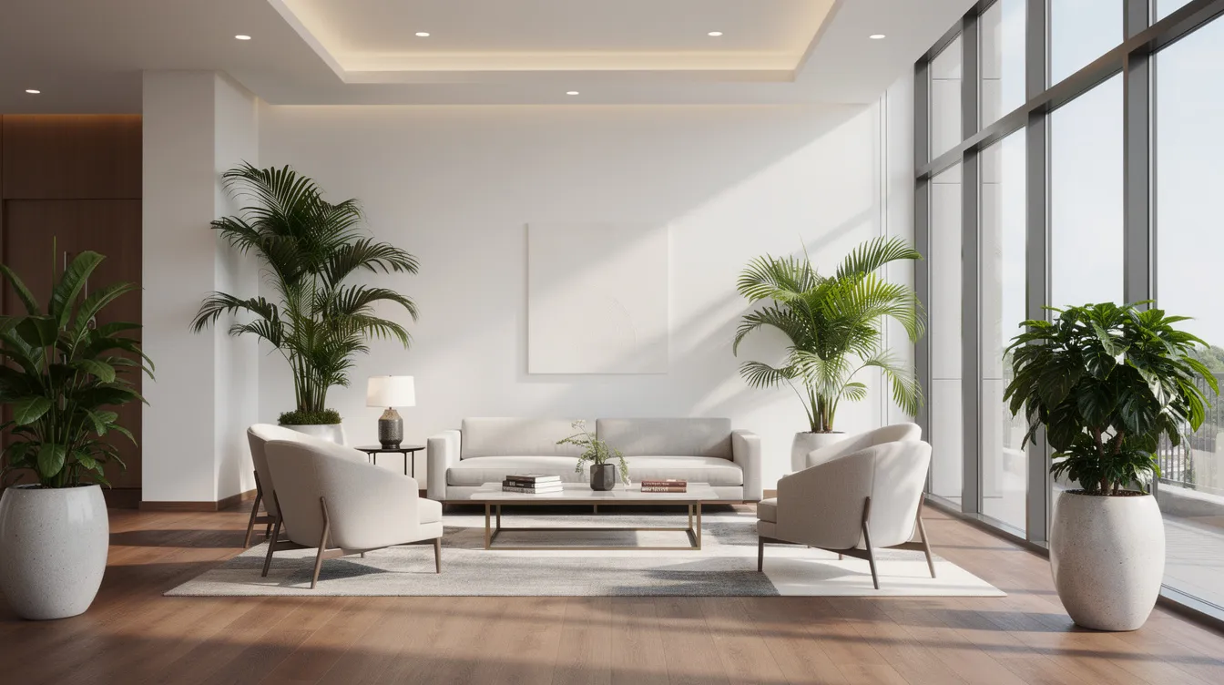 The image depicts a modern lobby space featuring coordinated lounge seating with stylish accent chairs and vibrant indoor plants, creating a comfortable and visually appealing environment for guests. This inviting area is designed for relaxation, enhancing the overall reception experience in an office setting.