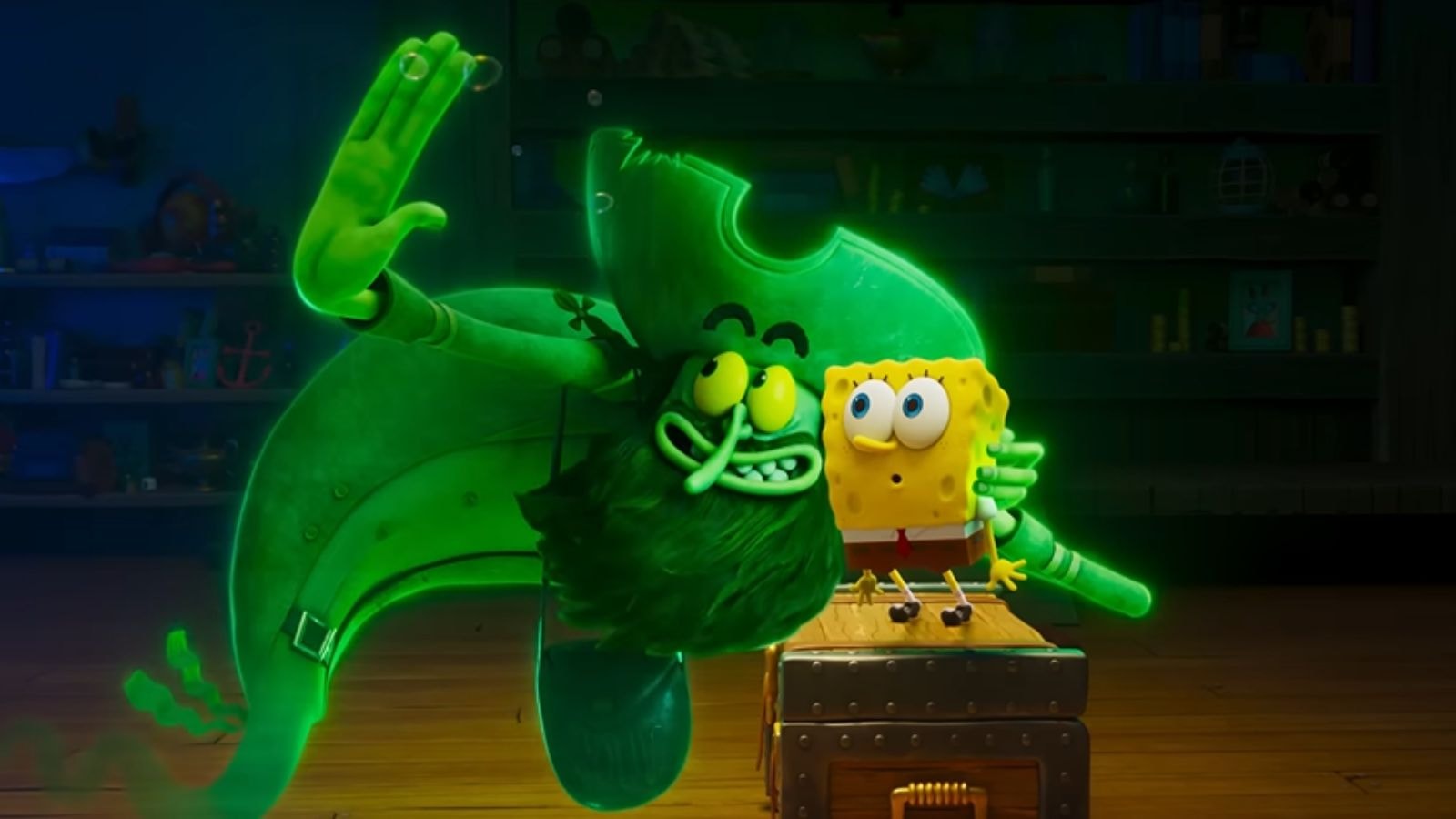 Mark Hamill as The Flying Dutchman and Tom Kenny as SpongeBob in The SpongeBob Movie: Search for SquarePants