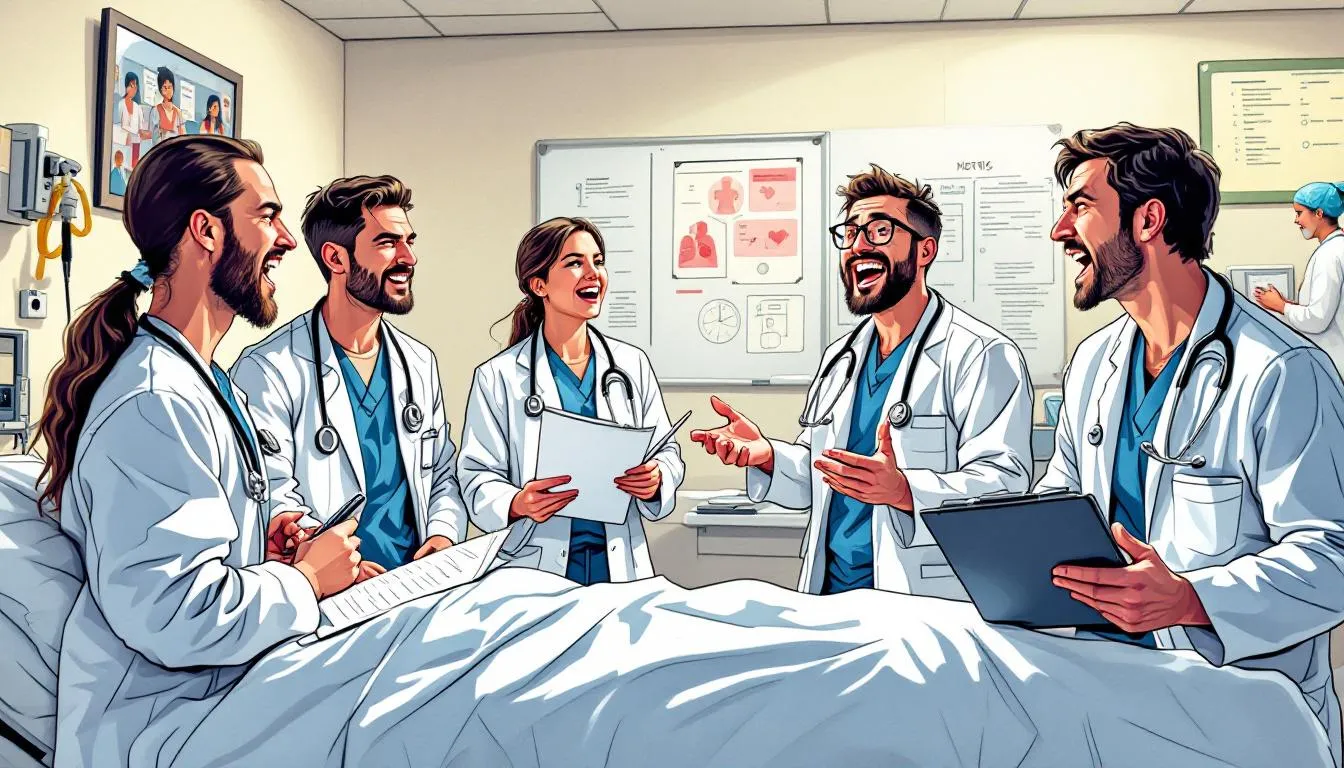 An overview of hospital clinical rotations depicting medical students in a clinical setting.