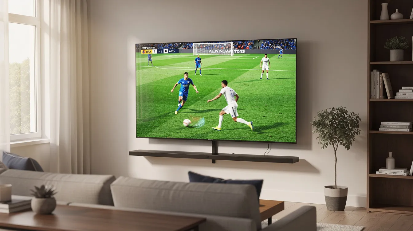A imagem mostra uma smart TV moderna em uma sala de estar, exibindo uma emocionante partida de futebol entre Brasil e Marrocos, com alta definição. O ambiente é acolhedor, com sofás confortáveis e a tela da TV destacando os jogadores em ação durante a Copa do Mundo.