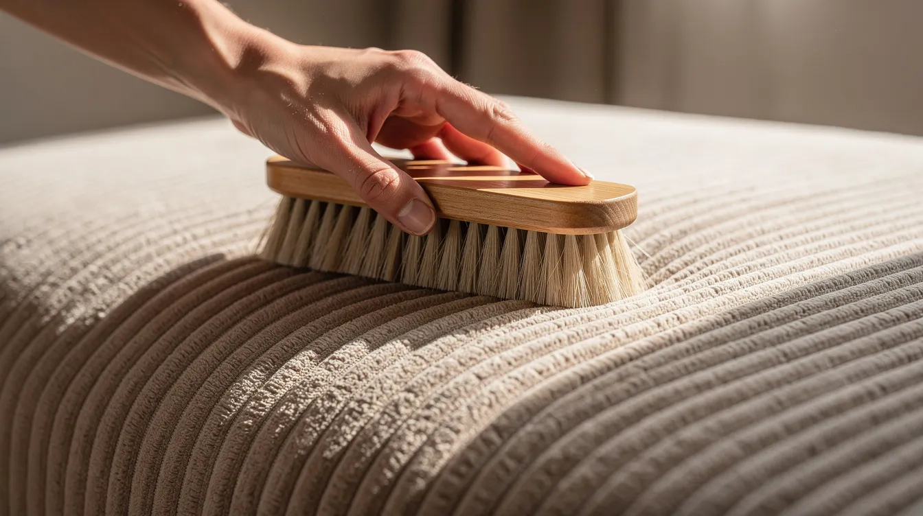 Een hand borstelt voorzichtig de ribbels van een ribstof kussen met een zachte kledingborstel, terwijl losse kussens op een stoffen bank liggen. Dit helpt om stof en vuil te verwijderen en het kussen een frisse uitstraling te geven.