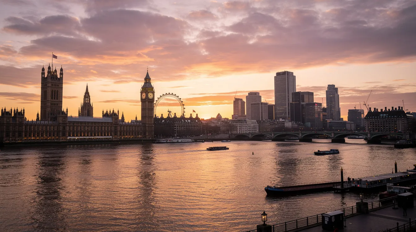The image depicts the London city skyline at sunset, with the Thames River flowing in the foreground, reflecting the warm hues of the sky. This iconic view captures the essence of the UK, a country that has seen significant net migration figures and continues to attract international students and migrants from various backgrounds.