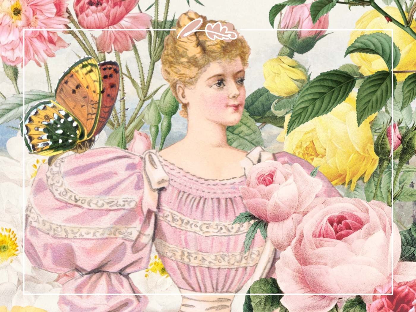 Vintage Lady with Butterfly and Flowers: Illustration of a vintage lady in a pink dress, surrounded by roses and butterflies.