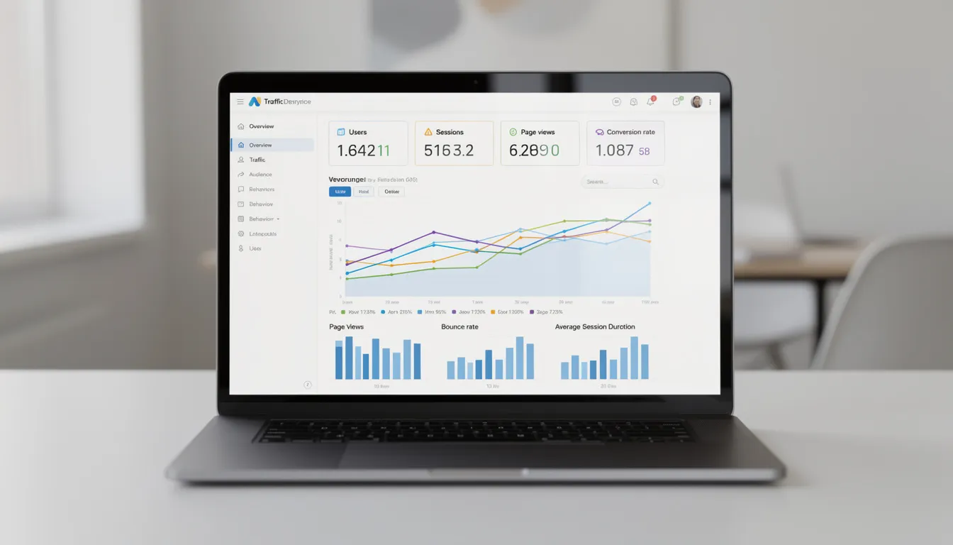 The image displays a laptop screen showcasing a website analytics dashboard filled with various graphs and metrics, illustrating data related to search engine optimization, digital marketing services, and website optimization. This visual representation aids in understanding online visibility, organic traffic, and the performance of marketing channels for potential clients.