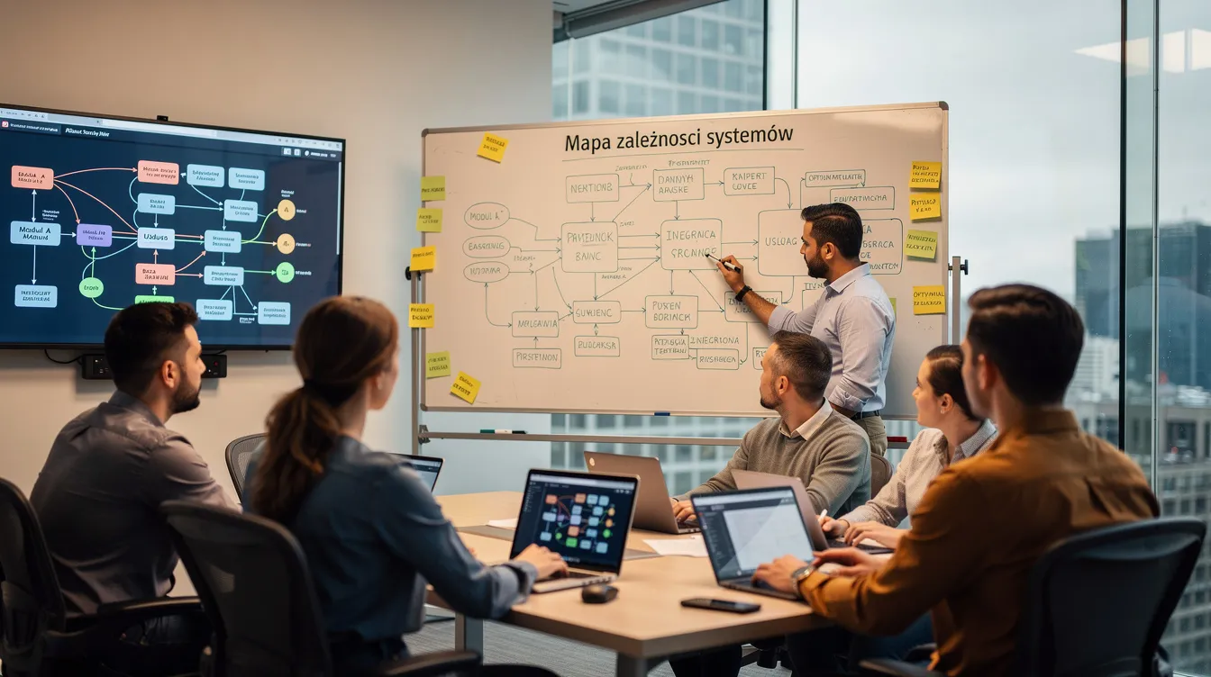Zespół IT dyskutuje nad mapą zależności systemów, analizując różne usługi takie jak SQL Server, Azure App Service oraz Azure Kubernetes Service, aby skutecznie zaplanować migrację serwerów i aplikacji do chmury Microsoft Azure. Spotkanie ma na celu zrozumienie infrastruktury oraz potrzeb związanych z migracją i ochroną danych.