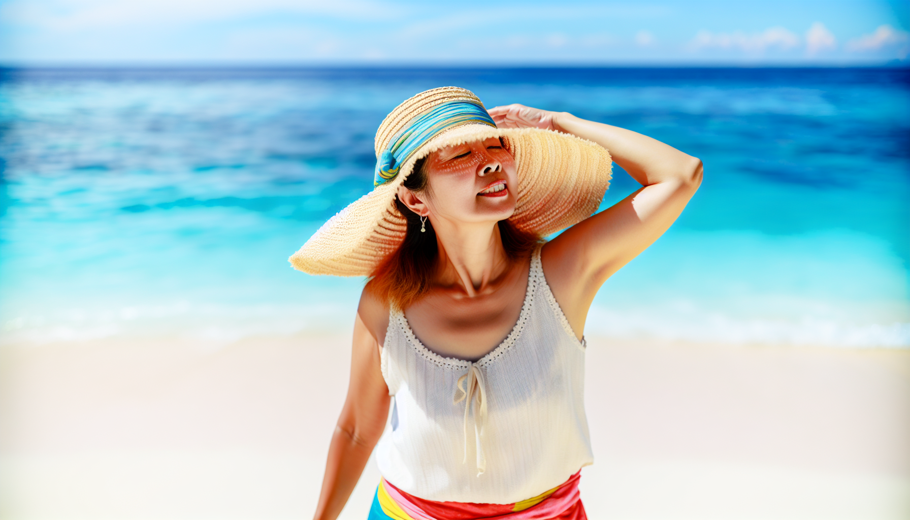 A woman wearing a stylish sun hat on the beach