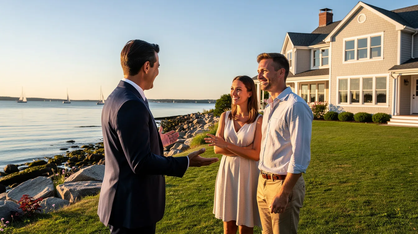 A professional real estate agent in a tailored dark suit is engaging warmly with a young couple as they explore a waterfront property on a sunny day in Connecticut, with Long Island Sound visible in the background. The interaction highlights the agent's role as a buyer's agent, guiding the couple through the real estate transaction process and advocating for their best interests.