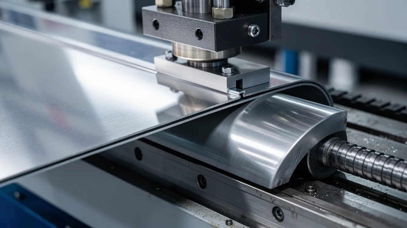 A close-up view of a CNC press brake machine showcases the bending process of a stainless steel sheet, as it is shaped into a precise angle with tight tolerances. The image highlights the tooling geometry and the cold bending technique used to achieve accurate bend lines and maintain the material's structural integrity.
