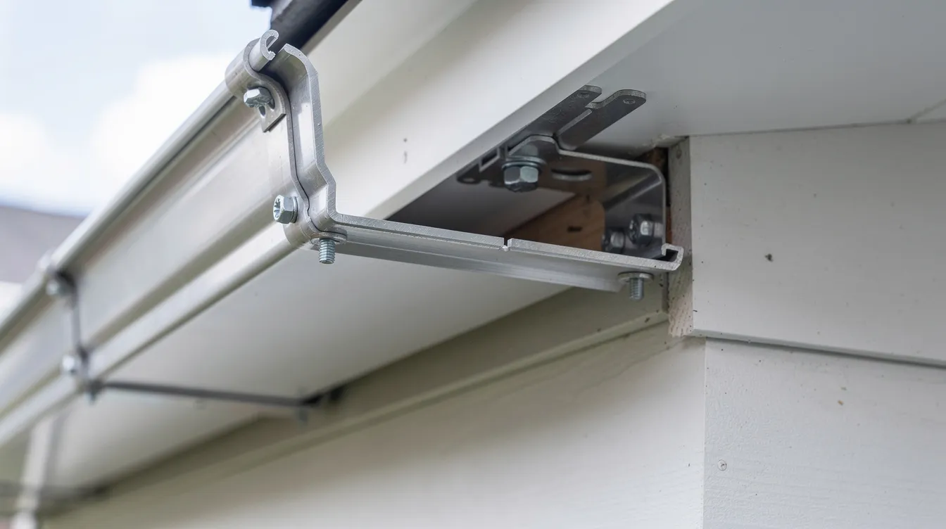 The image shows a close-up view of hidden hangers and fasteners used in a newly installed seamless gutter system, highlighting the precise installation and high-quality materials that ensure long-lasting performance and effective water flow management. This professional seamless gutter installation features a continuous design that reduces the risk of leaks and protects the home's foundation from water damage.