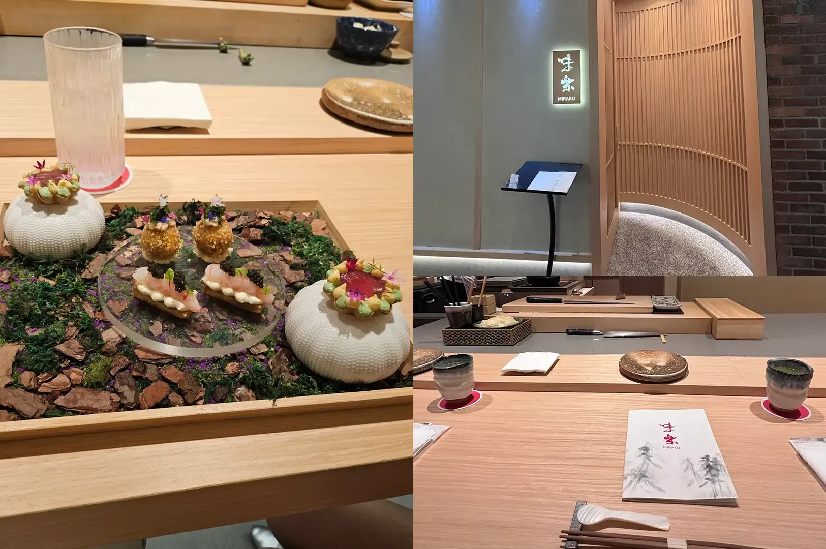Split image showing an elegant sushi counter with small plates, ceramic vessels, chopsticks, and warm wood detailing, alongside a decorative platter of bite-sized seafood pieces arranged with herbs, flowers, vegetables, and textured garnishes.