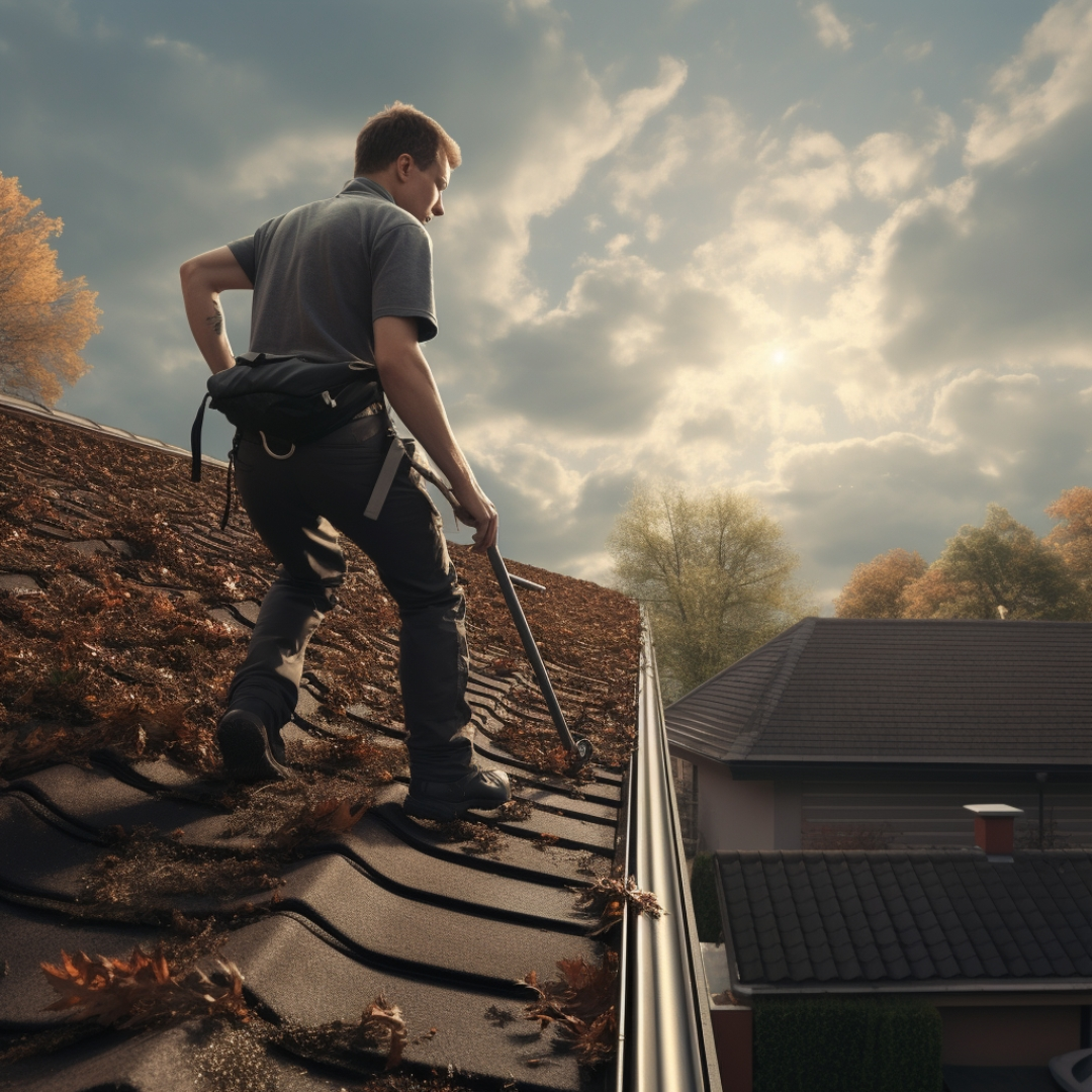 A picture of a person cleaning gutters