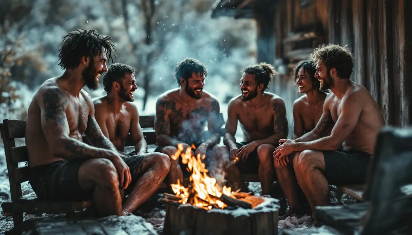 A group of friends sharing their ice bath experiences, celebrating personal milestones together.