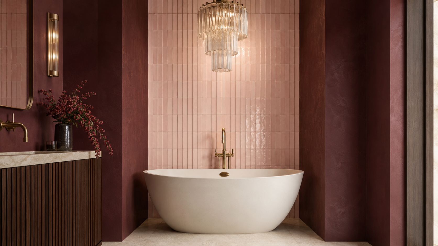Vertical pink tile layout behind a freestanding bathtub in a burgundy luxury bathroom.