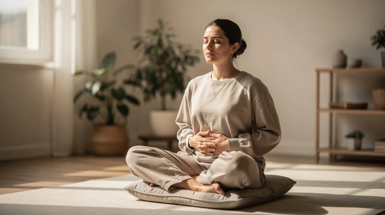 A person sits calmly with their hands resting on their belly, practicing the voo breath technique to promote relaxation and mental health. Their eyes are open as they focus on taking deep breaths, which helps reduce stress and regulate their nervous system.