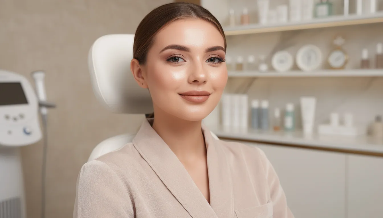 Na zdjęciu widoczna jest kobieta z gładką, promienną cerą, która uśmiecha się w eleganckim wnętrzu gabinetu kosmetycznego. Otoczenie sugeruje atmosferę relaksu i profesjonalizmu, a jej wygląd może świadczyć o zabiegach redukcji zmarszczek mimicznych, które poprawiają kondycję skóry.