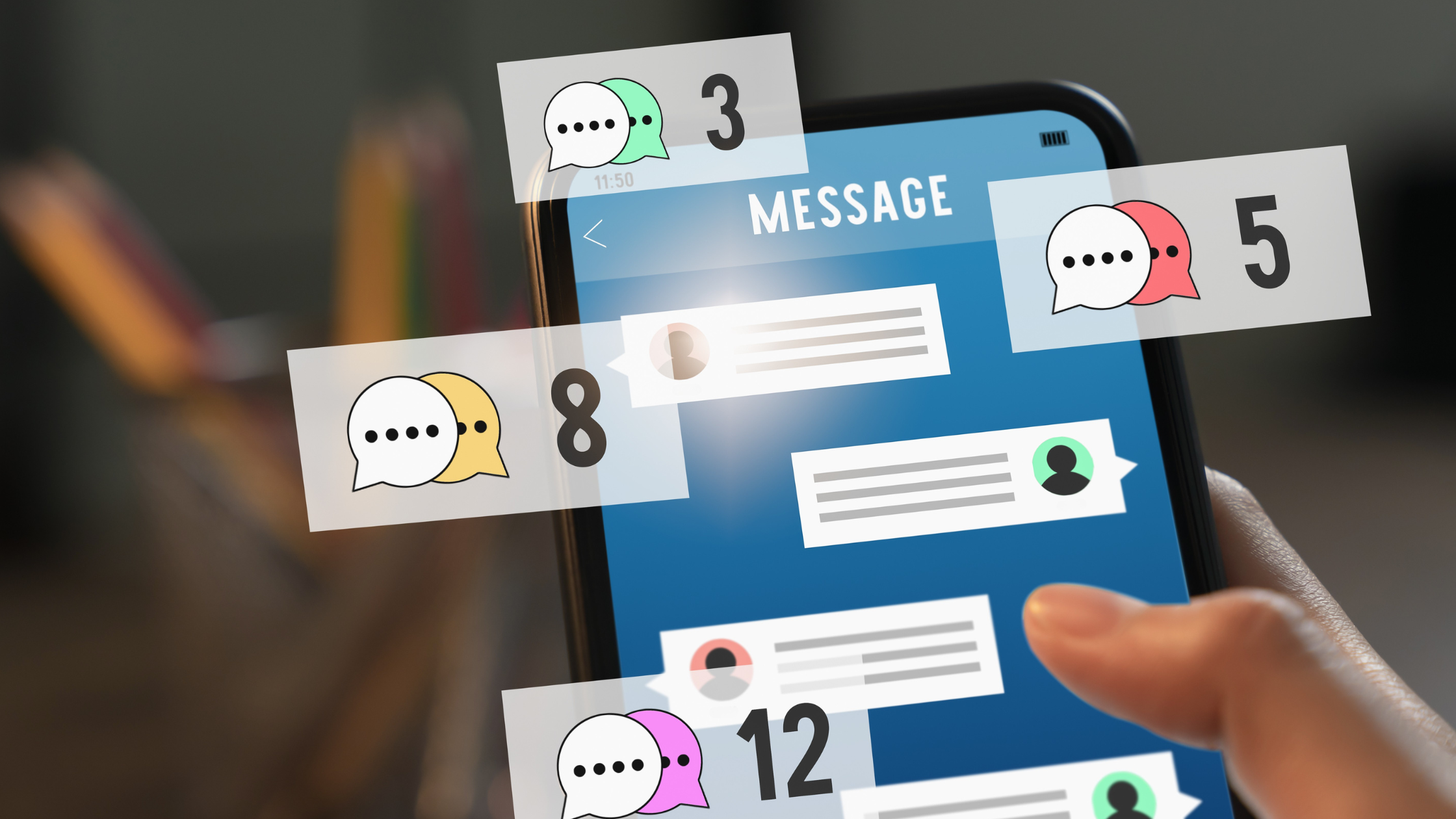 A graphic with several message notifications in different colors signifies the multi-platform connection that teams chat integration provides.