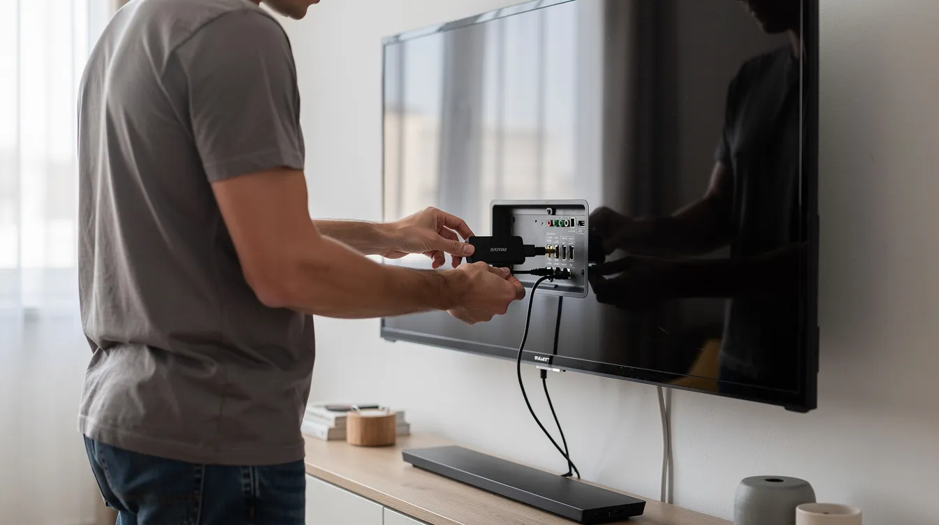 A person is connecting a small streaming device, such as an Apple TV, to the back of a wall-mounted television, preparing to access various IPTV services and live TV channels. This setup allows for enhanced streaming quality and access to a wide range of entertainment options, including live sports and on-demand content.