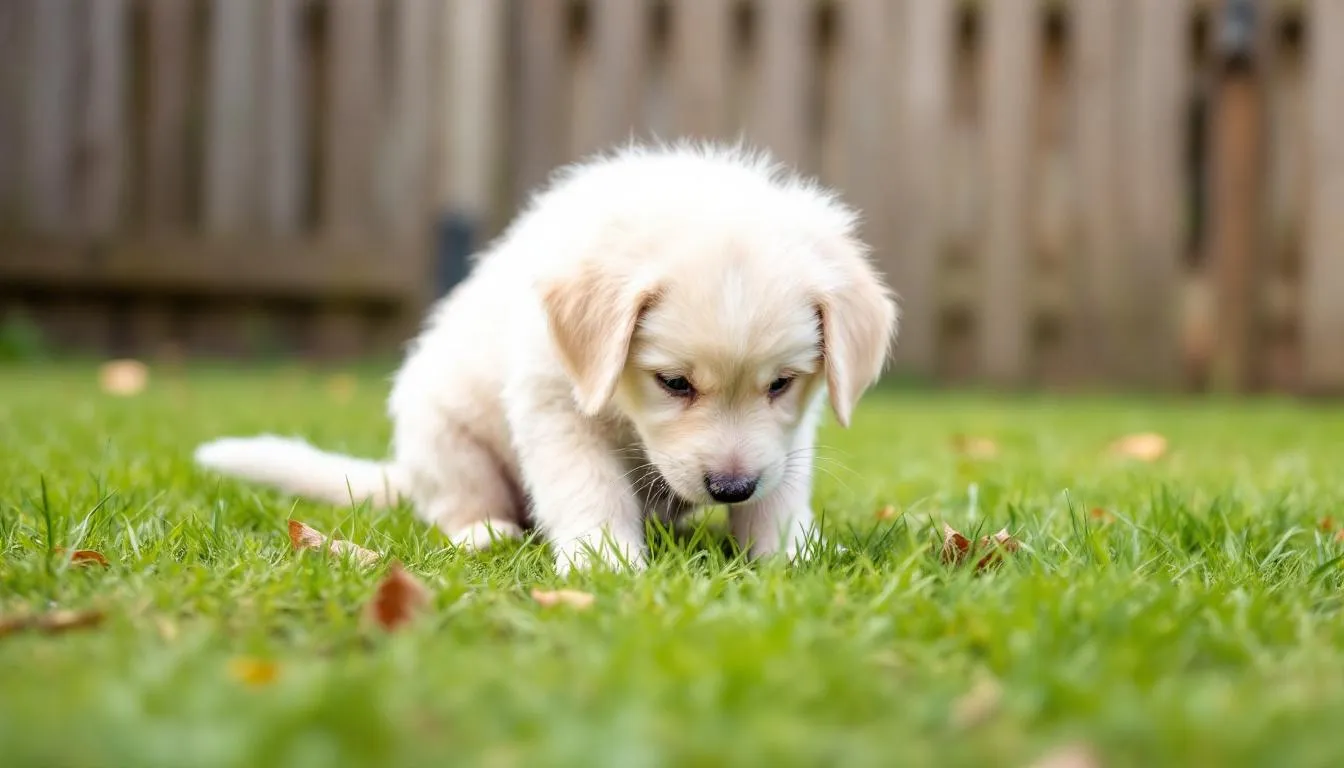 A young puppy is sniffing the ground in a yard, displaying typical pre-elimination behavior as it prepares to go potty. This moment is crucial for successful potty training, as it indicates the puppy is ready for a potty break in its designated spot.