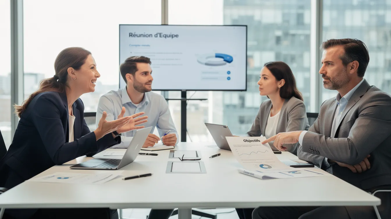 L'image montre un groupe de quatre professionnels en réunion autour d'une table, chacun affichant un style de communication distinct qui reflète leur personnalité. Cette diversité d'approches illustre l'importance des techniques de vente et de la méthode DISC pour adapter la stratégie commerciale aux besoins des clients.